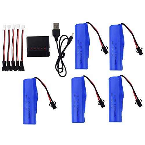 ZYGY 5PCS 3.7V 1200mah Batterie au Lithium avec Chargeur 5 en1 pour Voiture DE45 DE58 DE49 DE57 DE70 RC 1:14 véhicule Tout-Terrain à Quatre Roues motrices Haute Vitesse Cover