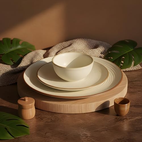 Image of Miah Decor Ceramic Dinner Set - 12-Piece Handmade Stoneware Dining Set | 4 Bowls, 4 Quarter Plates & 4 Dinner Plates | Off White Ribbed Matte Finish | Microwave & Dishwasher Safe | Ideal for Gifting