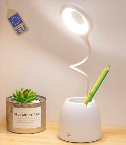 HUUS Lampara Escritorio LED Recargable - Flexo LEDs de Estudiar para Jovenes - 3 Colores Blanco y Brillo Ajustables al Tacto - Lampara Mesita Noche Lectura - Cuidado Ocular - Portalapices y Movil
