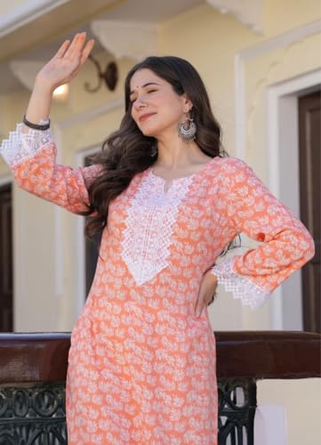 Image of Women's Pure Cotton Regular Fit Floral Printed A-Line Kurta