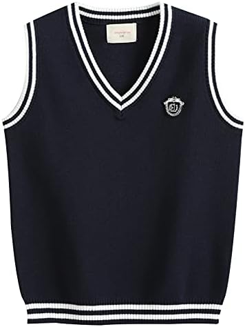 Baby Sleeveless Cotton Vest Uniform School Sweater Waistcoat Spring Fall V-Neck Classic Knitted Vests Pullover Knitwear for Boy Girl Navy Blue 9-10 Years