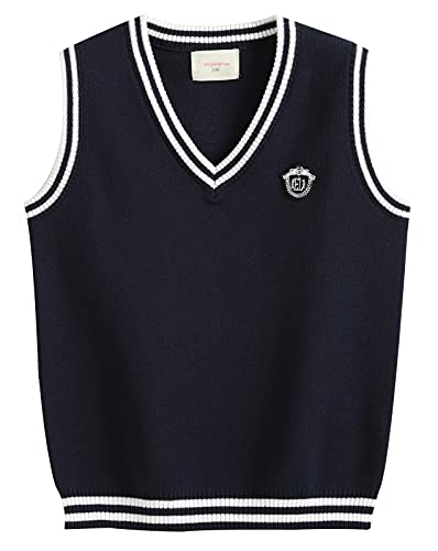 Baby Sleeveless Cotton Vest Uniform School Sweater Waistcoat Spring Fall V-Neck Classic Knitted Vests Pullover Knitwear For Boy Girl Navy Blue 9-10 Years #TOP19