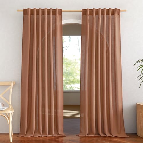 NICETOWN Linen Caramel Curtains & Drapes Privacy with Light Filtering, Rod Pocket & Back Tab Flax Linen Burlap Window Treatments Vertical Drapes for B