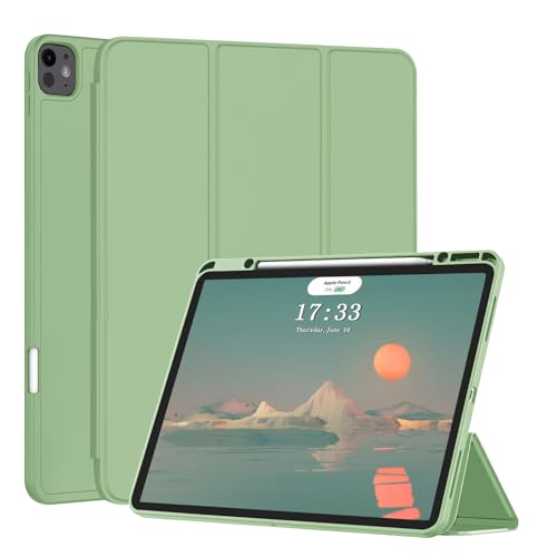 Fansong Case for iPad Pro 13 inch 2024, Cover for iPad Pro 13 (M4) with Auto Sleep/Wake Pencil Holder Trifold Stand TPU Smart Cover Slim Supports Charging Apple Pencil for A2926 A3007(Green)
