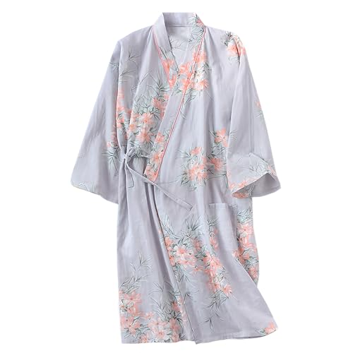 La Mejor Lista de Batas y kimonos para Mujer los 10 mejores. 50 ECHERY - Bata de algodón tipo kimono para mujer, diseño floral, color khan, Flor azul pizarrón, L