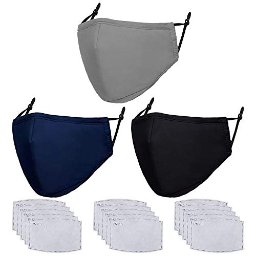 Cloth Face Mask Washable Reusable - Adjustable Cotton Masks Plain Mouth Guards Dust Face Mask Colorful Face Covering for Adult Pack of 3 Masks + 15 Filters