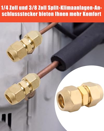 4 Stück Kältemittelleitung Kupferrohrverlängerung: 2x1/4 Zoll und 2x3/8 Zoll Klima Doppelnippel für Kupferrohre mit Überwurfmutter Schweißfreie Installation zur Klimaanlagen Rohranschluss