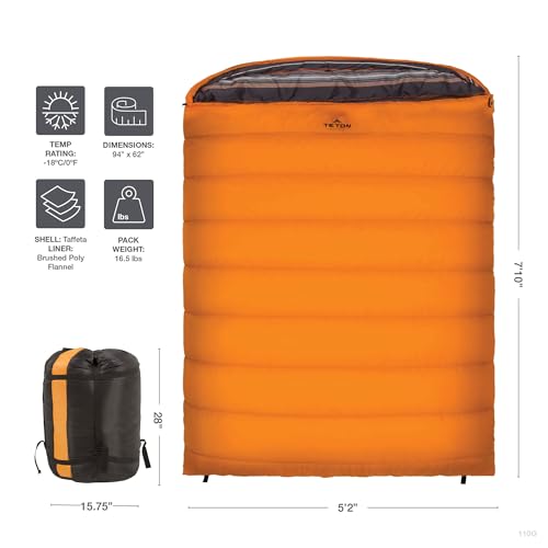 Image of Teton Mammoth Queen Size Double Sleeping Bag- A Warm Bag the Whole Family can Enjoy - Great for Camping, Hunting and Base Camp. Compression Sack Included