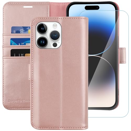 Image of MONASAY Vegan Leather Fit for iPhone 14 Pro Max 5G Wallet Case, 6.7-inch, [Glass Screen Protector Included] [RFID Blocking] Flip Folio Phone Cover with Credit Card Holder,Rosegold