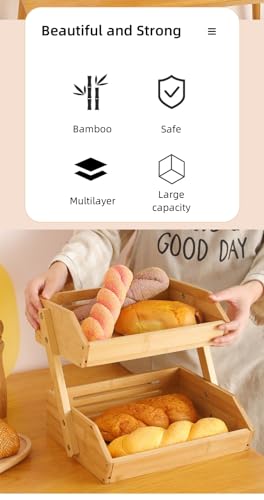 LANDTOM Multifunctional Bamboo Storage Rack Multi-Layer Snack Bread Fruit Vegetable Desktop Basket (2-tier)