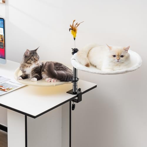 Uross Cat Desk Bed- Double Layers Adjustable Height 360 Rotation Cat Desk Perch Mount for Office and Game Tables, Attachment Desktop Bed with 2 Washable Covers, Soft Rabbit Fur& Breathable Mesh -Beige