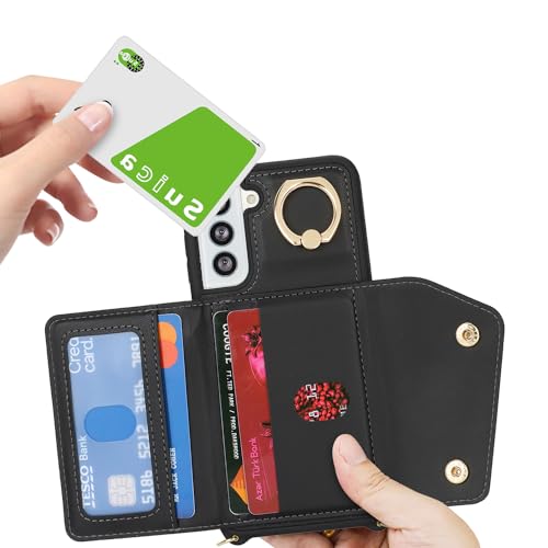 Lipvina for Samsung Galaxy S21 FE Case with Card Holder and Strap - Zipper Pocket,Crossbody Lanyard Strap,Credit Card Holder,Stand Ring,Cute Phone Wallet Case for Women(Black,6.4 Inch) by Lipvina - Image 4