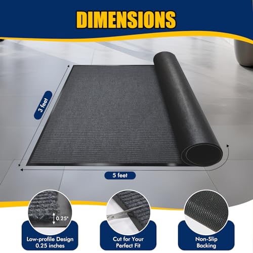Image of Entrance Mat for Home or Office - 3 x 5 Feet, Carpeted Indoor /Outdoor Entry Mat - Absorbent, Slip Resistant, Heavy Duty, Low-Profile, Easy to Clean, Rubber Entry Mat - Charcoal