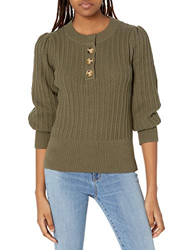 Image of Cable Stitch Women's Textured Henley Sweater - Crewneck Long Sleeve Pleated Shoulder Cotton Ribbed Pullover Top