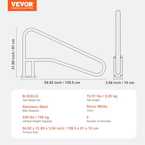 VEVOR Pool Handlauf, 2 Stück, 1395 x 810 x 100 mm, Pooleinstieg, Edelstahl mit Grundplatte für Innen-/Außenpools, Einstieghilfe, rostfreier Haltegriff mit Griffabdeckung & Zubehör für Spas