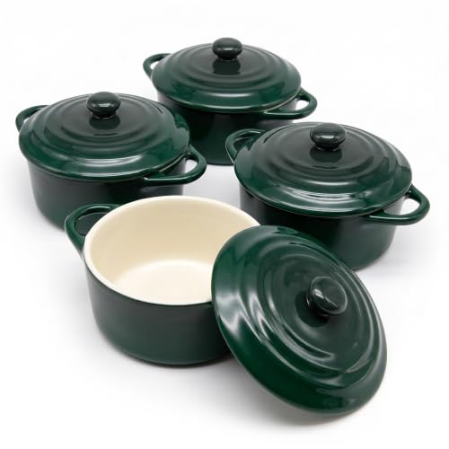 Image of Kook Mini Cocotte, Lids, Handles, Dutch Oven, Set of 4, 12 oz, Forest Green
