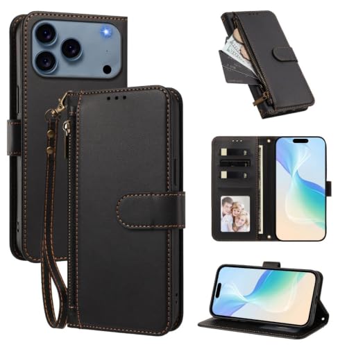 Étui compatible avec iPhone 16 portefeuille en cuir noir uni