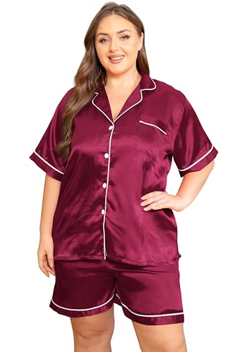 Image of Vozanet Women's Short Sleeve Satin Pajama Sets Silky Ladies Button Down Loungewear Plus Size Nighty Shorts Sets XL to 5XL