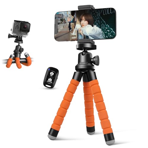 Aureday スマホ 三脚 スマホスタンド ワイヤレスリモコン付き 持ち運び便利 スマホ三脚 くねくね フレキシブル カメラ三脚 コンパクト iPhone＆Android/GoPro/カメラ/自撮り/ビデオ/写真/撮影など対応 (オレンジ)