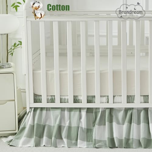 Image of Brandream Gingham Gathered Crib Skirt, Baby Boy, Baby Girl, Gender Neutral Crib Skirt, 100% Cotton, 4-Sided, Green Buffalo Plaid Toddler Bedskirt Farmhouse Chic Nursery Crib Bed Skirt Dust Ruffle