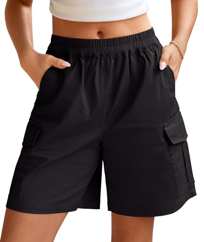 IVIR Womens Cargo Shorts Wide Leg Bermuda Shorts Knee Length 7 Inch Inseam Long Cargo with Pockets for Summer Hiking Black S