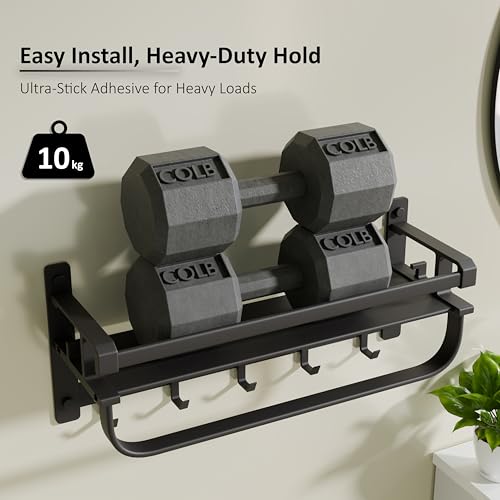 Image of Backline Aluminium Towel Rack for Bathroom | Corrosion Resistant, Anti-Peel and Scratch Resistant | Towel Holder in Bathroom with Shelf for Shampoo & Face Wash |Towel Rod with Hooks(3 Years Warrenty)
