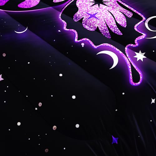 Image of AILONEN Girls Purple Butterfly Comforter Full Size with 2 Pillowcases,Galaxy Theme Bedding Set 3Pcs for All Season,Moon and Stars Quilt Set for Home Decor