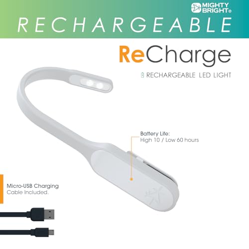 Image of The Original Mighty Bright Recharge Clip On Rechargeable Book Light Reading Light, Warm Eye Care LEDs, Flexible, Durable, Dimmable, Perfect for Kids, Bookworms, Reading in Bed, Lasts 60 Hours (White)
