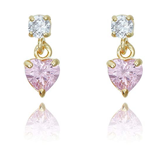 AVORA 10K Yellow Gold Pink and White Simulated Diamond CZ Heart Drop Earrings