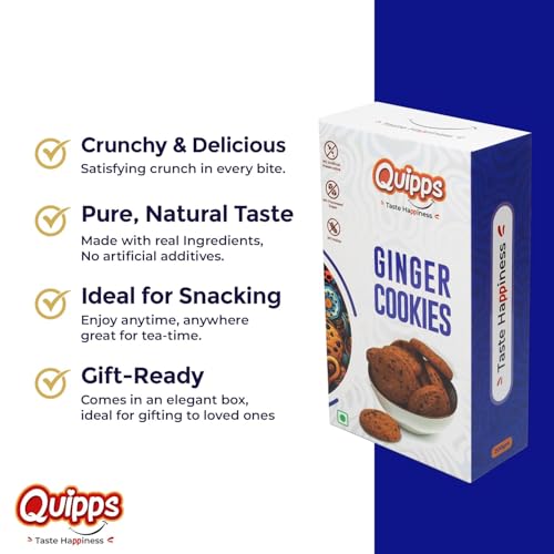 Image of Quipps Premium Ginger Cookies | No Maida, No White Sugar, No Preservatives | Made with Jaggery & White Butter | Healthy Biscuits | Fresh Crunchy Biscuits for Tea-Time Snack, Breakfast & Office Gifting | Vegetarian | Pack of 5 (200g Each)