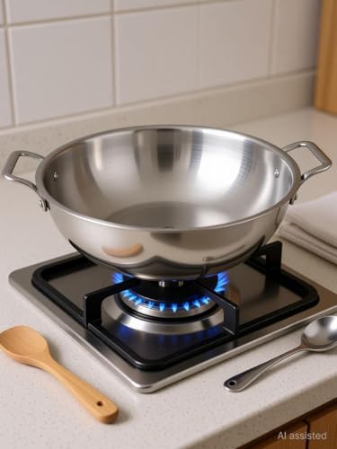 Image of Bhalaria Triply Stainless Steel Kadhai 28cm 4 Litre | Induction Base Heavy Gauge 3 Layer Body | Deep Fry Pan Wok for Sabzi, Curry & Frying | Food Grade Steel | Gas Compatible | Dishwasher Safe