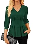 GRACE KARIN Women's Autumn Tops Elegant Blouse V-Neck 3/4 Sleeve Peplum Business Shirts Dark Green S