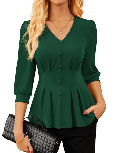Damen Tops Herbst Elegante Bluse V-Ausschnitt 3/4 Ärmel Schößchen Business Shirts Dunkelgrün L