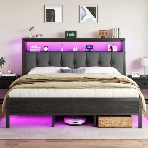 Image of Homkdom King Bed Frame,Upholstered Storage Headboard,Charging Station,Black | LED Linghts, 12 inch Under-Bed Storage,2 Three-prong Outlet&2 USB, Noise-Free, Quick Assembly, Supports up to 1100 lbs