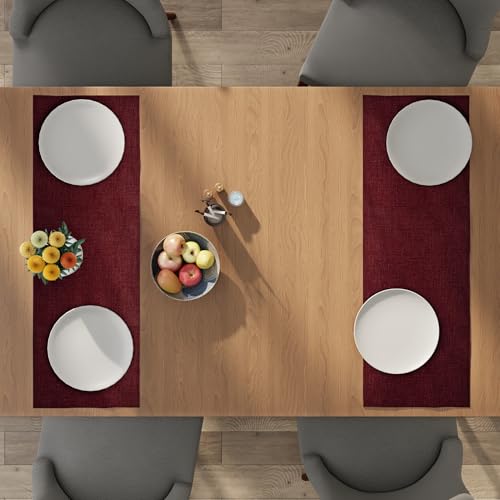 Image of Encasa XO Dining Table Runner for 4 to 6 Seater | 28x91 cm | Maroon | Chenille Fabric | Machine Washable