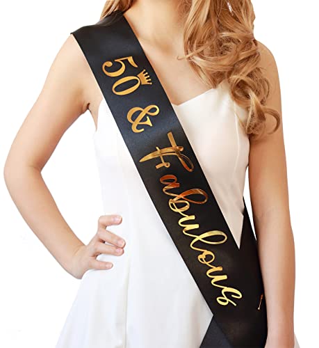 Docooniver 50th Birthday Sash for Women and Men 50&Fabulous Sash Black with Gold Foil Lettering.