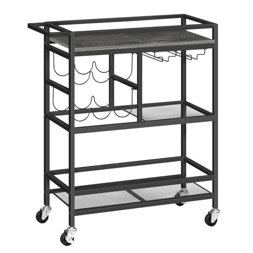 Image of MAHANCRIS Bar Cart for Home, 3-Tier Serving Cart with Wheels and Handle, Beverage Cart with Wine Rack and Glass Holders, Rolling Wine Cart for Kitchen, Dining Room, Charcoal Gray and Black RCHT6101