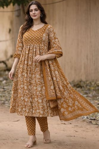 Image of GoSriKi Kurta Set for Women Viscose Blend Printed | Kurti Set with Dupatta for Woman | A-Line Kurta Pant Set Women | 3 Piece Set Womens | Round Neck V-Slit Sleeveless Regular Fit Stylish Ethnic