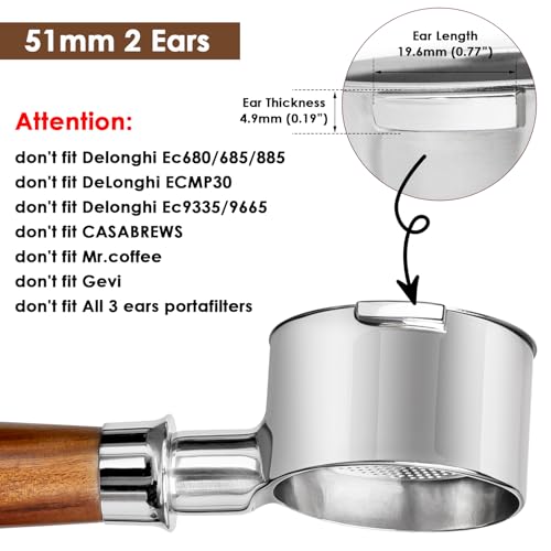 51mm Bottomless Portafilter 2 Ears for Delonghi ECP3420/EC155/BCO430/EC260,Stainless Steel Filter Basket and Walnut Handle