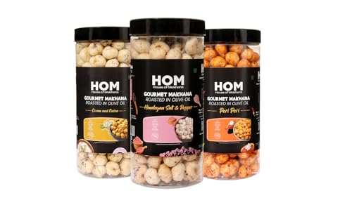Image of H O M House Of Makhana 195g Cream and Onion, Himalayan Salt and Pepper And Peri Peri Gourmet Makhana Jar Roasted in Olive Oil, Flavored Makhana Pack of 3 (65gX3)