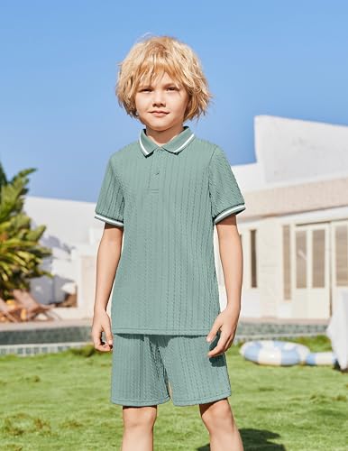 Image of Arshiner Boys 2 Piece Outfits Button Polo Shirt & Elastic Shorts 4-13 Years