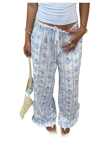 MakeMeChic Women's Pants Starfish Wide Leg Elastic Waist Tie Front Drawstring Boho Trousers