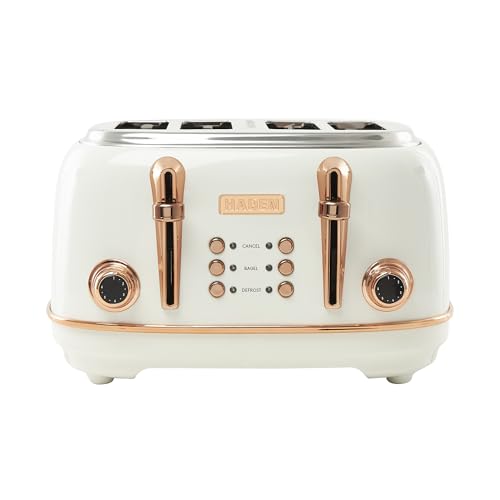 Haden Heritage 4 Slice Wide Slot Stainless Steel Toaster with Adjustable Browning Control & Non-Slip Feet, Ivory & Copper
