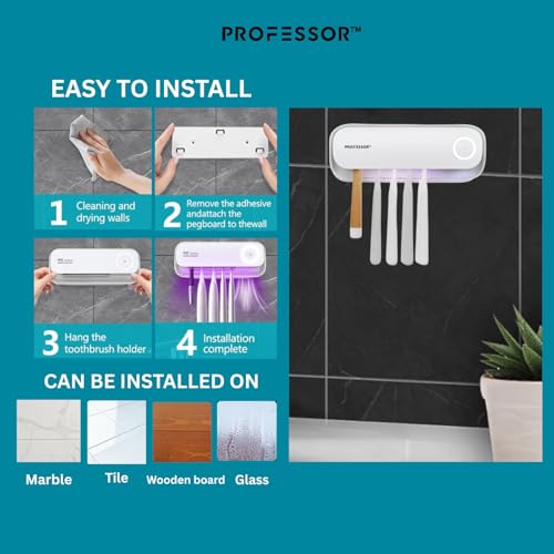 Image of PROFESSOR Certified by Eurofins Premium Smart UV-C Toothbrush sanitizer & sterilizer Holder, 4000mAh Battery, Wall-Mounted 5-Slot for Kids& Adult Toothbrush Holder, Kills 99.99% Bacteria, CE Approved