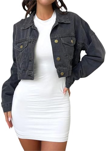 GarRela Chaqueta de mezclilla corta para mujer, con botones, deshilachada, de manga larga, estilo casual, Negro-Gris, XL