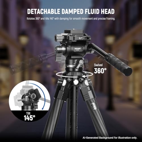 Image of NEEWER 60.4 inch Travel Tripod Carbon Fiber with Detachable Damped Fluid Head, Lightweight Video Camera Stand with Metal Quick Flip Buckle, Arca Type QR Plate Compatible with PD, LT37