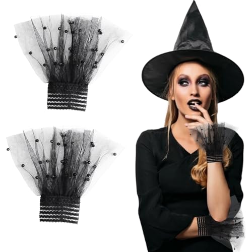 Lace Lolita Pearl Wrist Cuffs Gloves Halloween Lolita Black Lace False Sleeves Gloves Y2k Costume Accessories for Women Girls Halloween Cosplay Party Décor