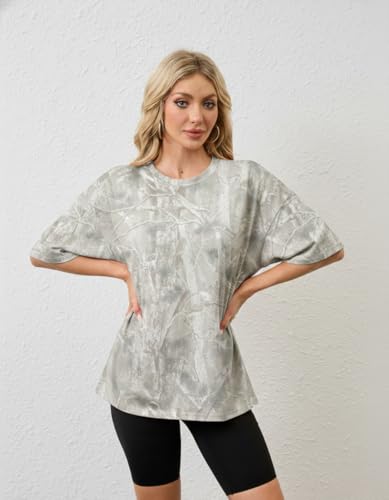 Image of MSBESYOR Camo Shirt for Women Maple Leaf Print Short Sleeve Crewneck T-Shirts Summer Oversized Tee Shirts Streetwear