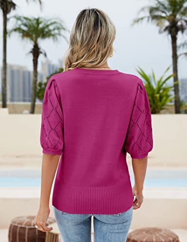 Image of Womens Short Sleeve Sweaters Crewneck Knit Pullover Tops 2025 Summer Casual Lightweight Crochet Blouse Shirt