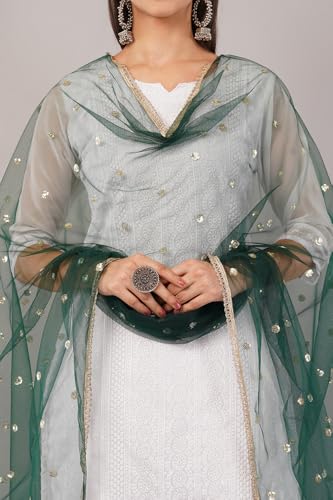 Image of Net Butti Dupatta for Women | Golden Lace Border Chunni | Butti Work Odhani | Wedding & Bridal Styling | Lightweight Drape | Kurti & Salwar Suit